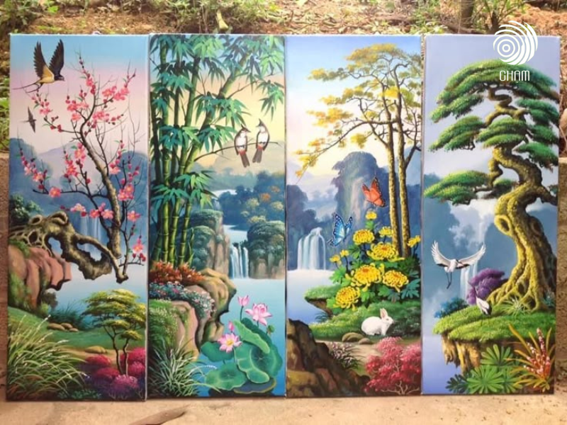 tranh tứ quý treo phòng khách